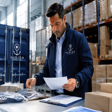 Inspector revisando mercancía en almacén